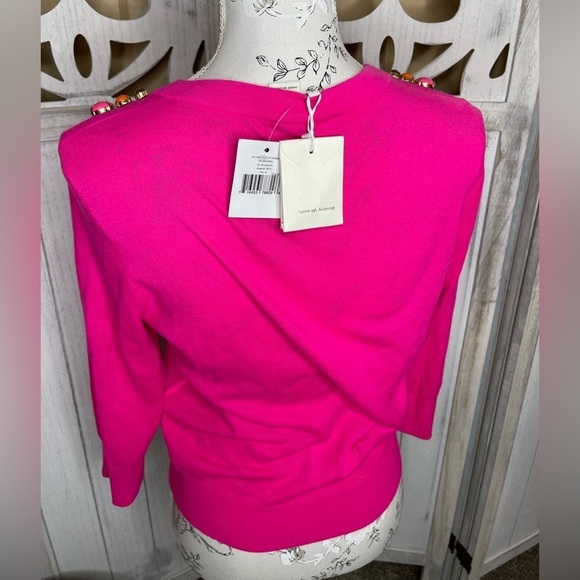 New! Kate Spade Jeweled Neck Long Sleeve Button Cardigan Bright Pink Medium - Picture 5 of 6